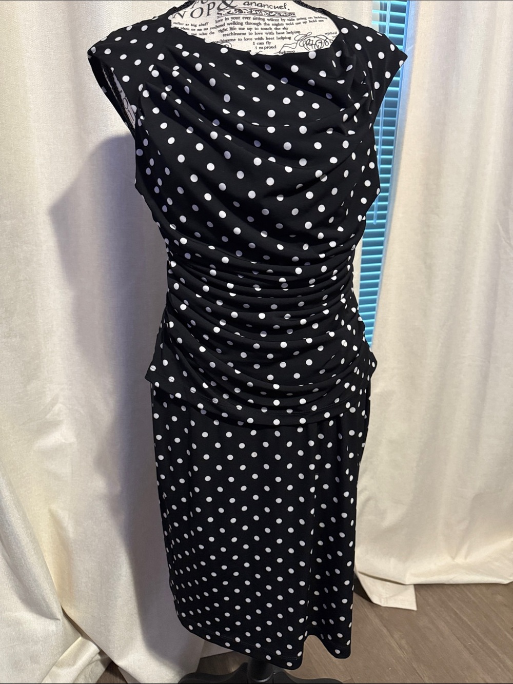 Dressbarn Black White Polka Dot Ruched Sheath Dress Size 4